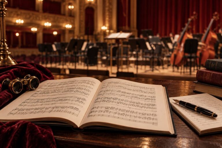 Partitura y cuaderno de crítica musical ante un escenario de orquesta